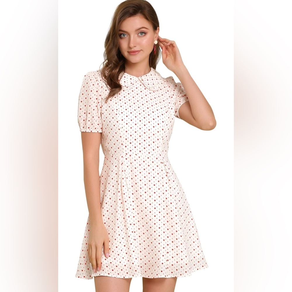 Women’s White Heart Print Peter Pan Collar Mini Dress Small